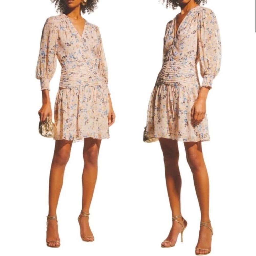 Shoshanna Pink and Gold Metallic Floral Rayon Puff Sleeve Monte Dress Size 8